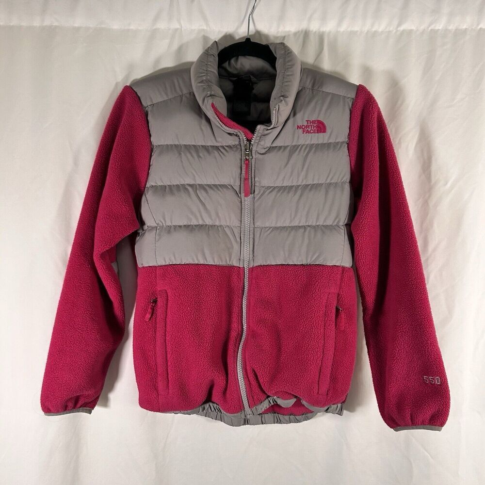 North Face Jacket Girls Large 14 16 Grey Pink Fleece Goose Down Full Zip 550